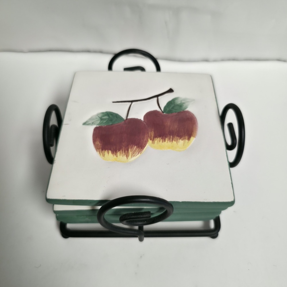 VTG Jackel Int'l Ceramic Fruit Coasters Tile Trivets W/ Metal Holder Set Of 4